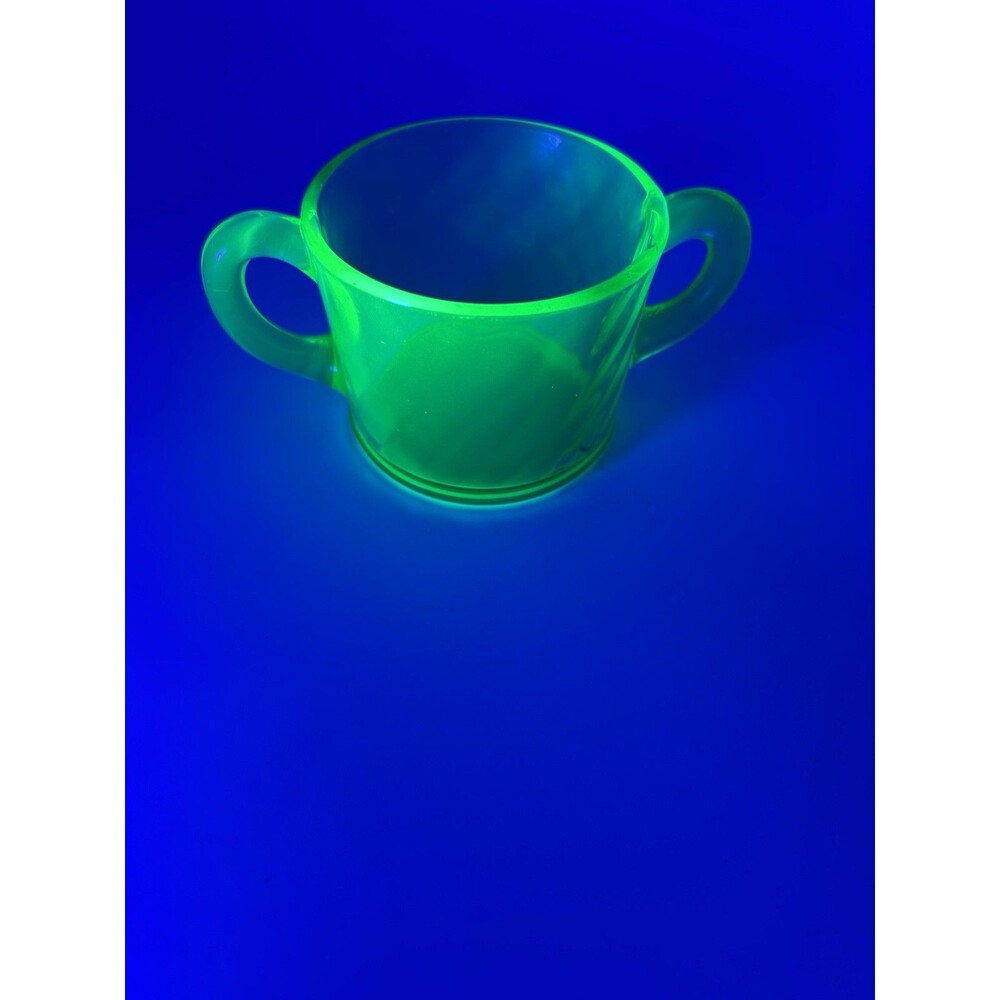 Vintage Uranium Green Glass Double Handle Sugar Bowl Depression Glass UV Glow